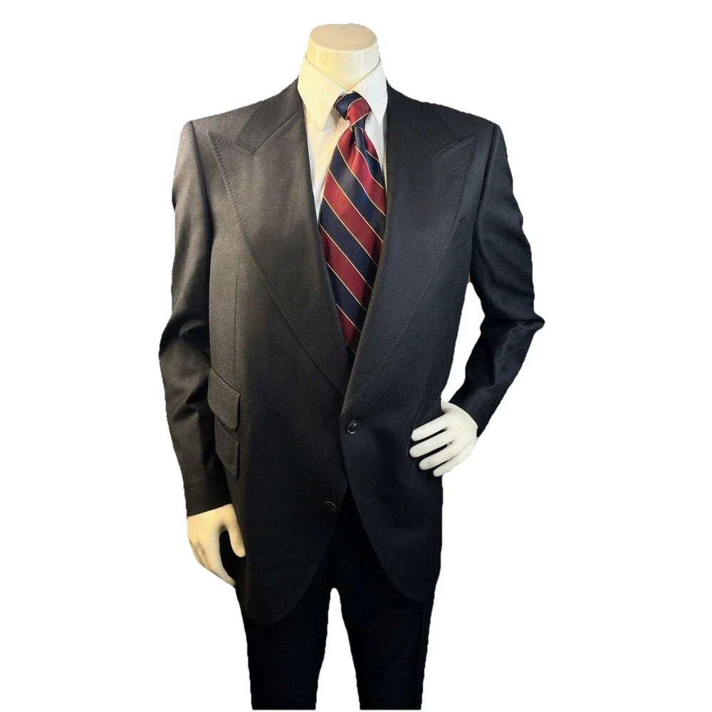 Vtg Bespoke Men Suit Black Flannel Wool Hand Tailored Surgeon’s Cuffs 48R 46x30